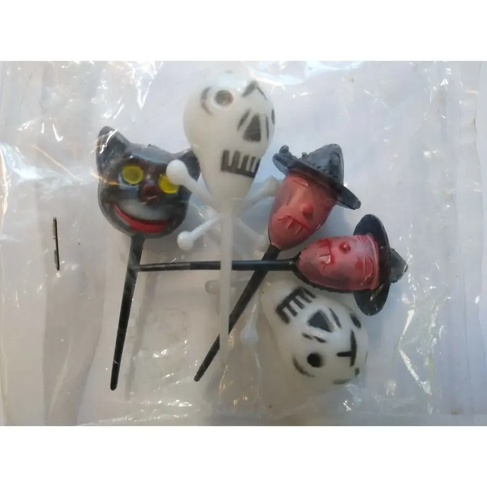 Vintage Halloween Plastic Cake Toppers Lot Of 5 Skulls Witches Black Cat NOS